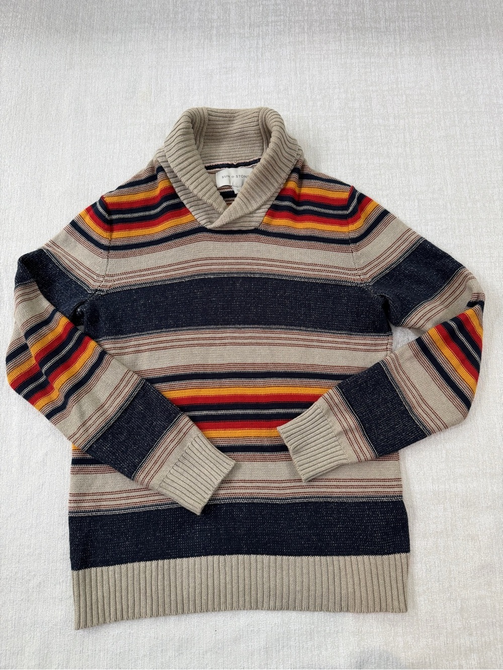 Sun + Stone Men's Shawl Collar Striped Sweater - Beige, Navy, Red, Yellow